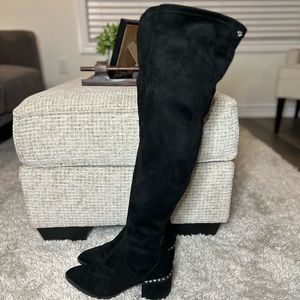 Wishbone Collection Black Suede Over-the-Knee Boots Studded Heel Pointed Toe